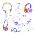 Cartoon Color Headphones Wired and Wireless Icons Set. Vector