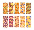 Cartoon Color Healthy Muesli Bars with Different Nuts and Dry Fruits Set. Vector Royalty Free Stock Photo