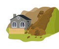 Cartoon Color Home Building and Landslide Concept. Vector