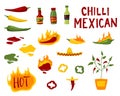 Cartoon Color Hot Chilli Sauces Icon Set. Vector