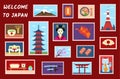 Cartoon Color Japan Travel Stamp Set. Vector