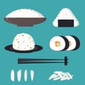 Cartoon Color Japanese Cuisine with Rice Set. Vector