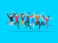 Cartoon Color Jumping Characters People on a Blue Background. Vector Royalty Free Stock Photo
