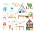 Cartoon Color Kids Furniture Icon Set. Vector