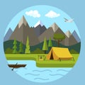 Cartoon Color Landscape Scene with Mountains and River Concept. Vector