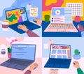 Cartoon Color Laptop Screen Working Set. Vector