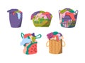 Cartoon Color Laundry Basket with Clothes Set. Vector