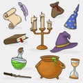 Cartoon Color Magician Tools Wizard Icon Set. Vector Royalty Free Stock Photo
