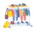 Cartoon Color Male Clothes Hanging on Hangers Men Capsule Wardrobe Concept. Vector