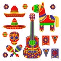 Cartoon Color Mexican Fiesta Icon Set. Vector