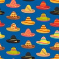 Cartoon Color Mexican Sombrero Hat Seamless Pattern Background. Vector