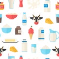 Cartoon Color Milk Products Seamless Pattern Background. Vector