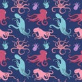 Cartoon color octopuses seamless pattern. Underwater invertebrate animals. Sea shellfishes. Tentacles with suction cups