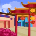 Cartoon Color Panorama Chinese Street Concept. Vector