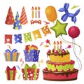 Cartoon Color Party Decorations Icon Set. Vector