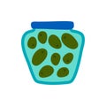 Cartoon Color Pickled Olives in Jar Icon. Vector