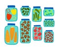 Cartoon Color Pickled Veggies in Jars Icons Set. Vector Royalty Free Stock Photo