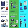 Cartoon Color Policeman and Police Elements Banner Vecrtical Set. Vector Royalty Free Stock Photo