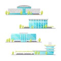 Cartoon Color Railway Station Building Icons Set. Vector Royalty Free Stock Photo