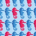 Cartoon color sea horse seamless pattern on the blue background Royalty Free Stock Photo