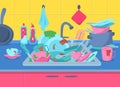 Cartoon Color Sink and Pile Dirty Dish Concept. Vector