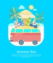 Cartoon Color Summer Bus Transportation Card Poster. Vector Royalty Free Stock Photo