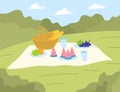 Cartoon Color Summer Picnic Landscape Scene Concept. Vector