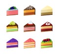 Cartoon Color Sweet Cake Dessert Slice Icon Set. Vector