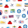 Cartoon Color Travel Stickers Suitcase Seamless Pattern Background. Vector Royalty Free Stock Photo