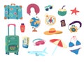 Cartoon Color Travel Stuff Icon Set. Vector