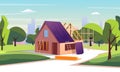 Cartoon Color Unfinished House Construction on a Landscape Scene Concept. Vector