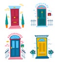 Cartoon Color Vintage Front Doors Set. Vector