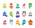 Cartoon Color Winter Hats and Scarves Headwear Icon Set. Vector