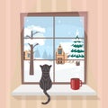 Cartoon Color Winter Window View Concept. Vector Royalty Free Stock Photo
