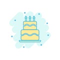 Cartoon colored birthday cake icon in comic style. Fresh pie muffin illustration pictogram. Cake sign splash business concept.