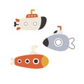 Cartoon colored cute submarines in flat style