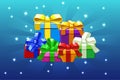 Cartoon colored different gifts on blue background, Vector background.