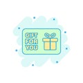 Cartoon colored gift card icon in comic style. Gift voucher pres