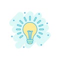 Cartoon colored halogen lightbulb icon in comic style. Light bulb illustration pictogram. Idea sign splash business concept.