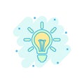 Cartoon colored light bulb icon in comic style. Lighting electric illustration pictogram. Idea lightbulb sign splash business con