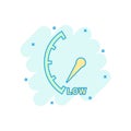 Cartoon colored low level icon in comic style. Speedometer, tachometer illustration pictogram. Low level sign splash business con