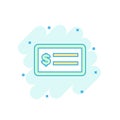 Cartoon colored money check icon in comic style. Bank checkbook