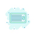 Cartoon colored money check icon in comic style. Bank checkbook