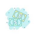 Cartoon colored money icon in comic style. Dollar money illustration pictogram. Coin splash business concept.