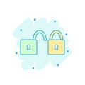 Cartoon colored padlock icon in comic style. Lock, unlock sign i