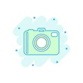 Cartoon colored photo camera icon in comic style. Photographer c