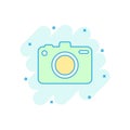 Cartoon colored photo camera icon in comic style. Photographer c