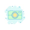 Cartoon colored photo camera icon in comic style. Photographer c