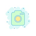 Cartoon colored photo camera icon in comic style. Photographer c