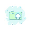 Cartoon colored photo camera icon in comic style. Photographer c